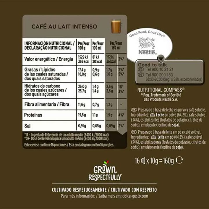Valor energetico Café con Leche Intenso 48 cápsulas Dolce Gusto Nescafé