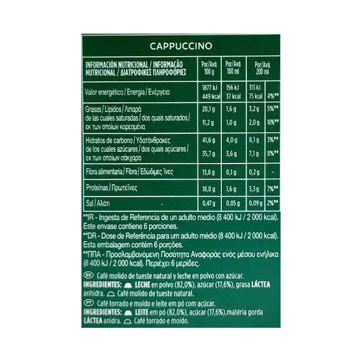 Valor energético Cappuccino Starbucks Dolce Gusto
