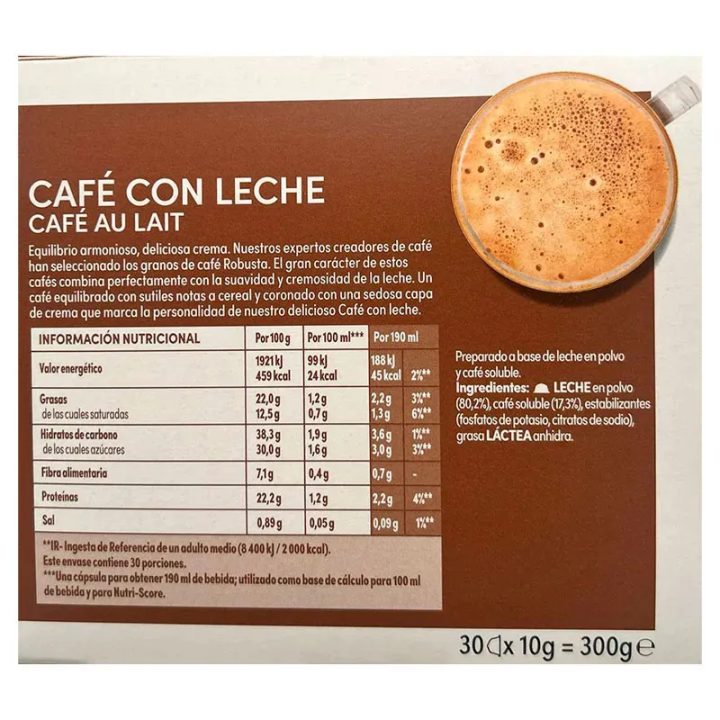 Valor energético Café con leche Magnum Dolce Gusto