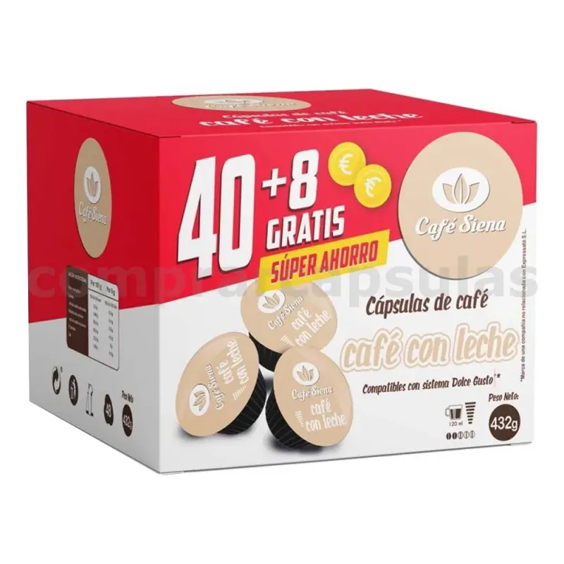 Café Siena Café con Leche 40+8 Cápsulas Compatibles Dolce Gusto®* Café Siena Café con Leche 40+8 Cápsulas Compatibles Dolce Gusto®*