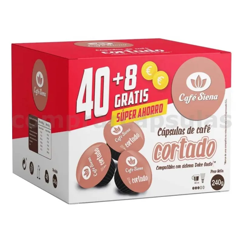 Café Siena Cortado 40+8 Cápsulas Compatibles Dolce Gusto®* Café Siena Cortado 40+8 Cápsulas Compatibles Dolce Gusto®*