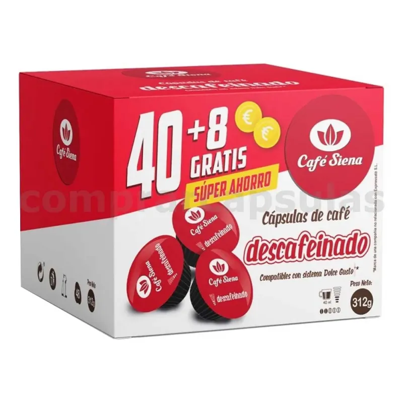 Café Siena Descafeinado 40+8 Cápsulas Compatibles Dolce Gusto®* Café Siena Descafeinado 40+8 Cápsulas Compatibles Dolce Gusto®*