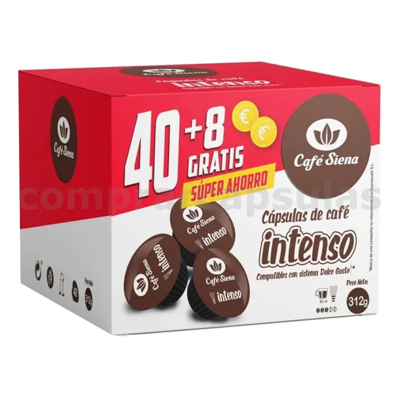 Café Siena Intenso 40+8 Cápsulas Compatibles Dolce Gusto®* Café Siena Intenso 40+8 Cápsulas Compatibles Dolce Gusto®*