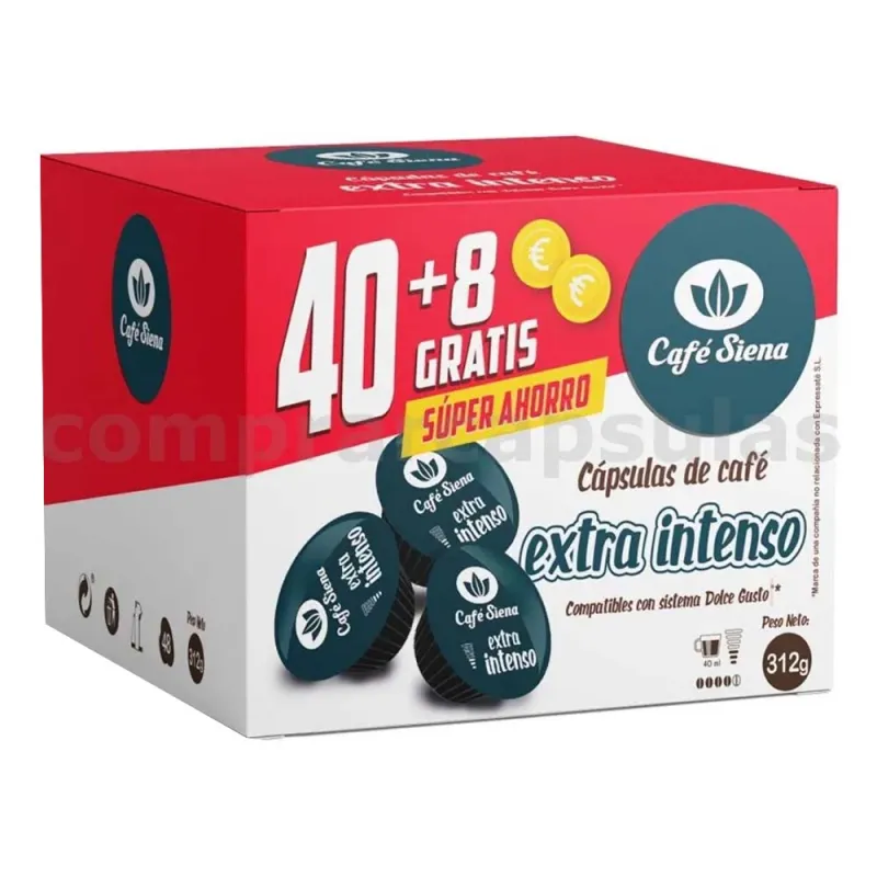 Café Siena Extra Intenso 40+8 Cápsulas Compatibles Dolce Gusto®* Café Siena Extra Intenso 40+8 Cápsulas Compatibles Dolce Gusto®*
