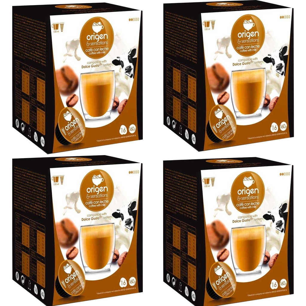 4 cajas de Café con leche, 16 cápsulas Origen & Sensations compatibles Dolce Gusto