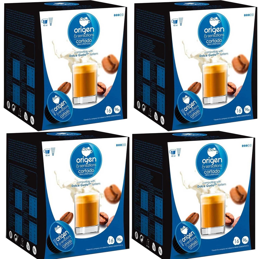 4 cajas de Cortado descafeinado, 16 cápsulas Origen & Sensations compatibles Dolce Gusto 8435336216122