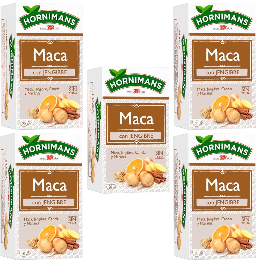 5 cajas de  Infusión de Maca con Jengibre, canela y naranja. 20 bolsitas Hornimans 8711000461556