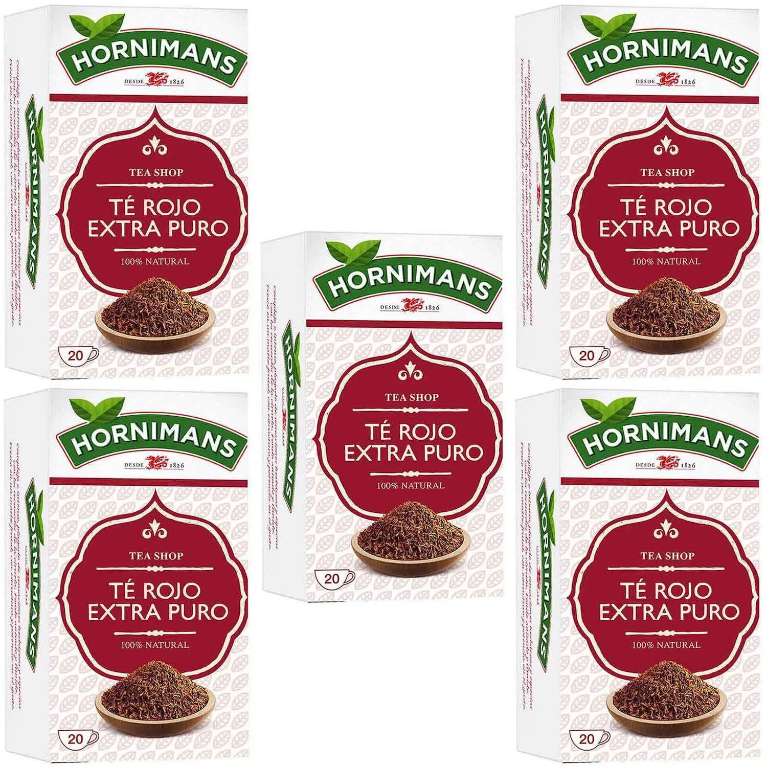 5 cajas de  Té Rojo Extra Puro Hornimans, 20 unidades