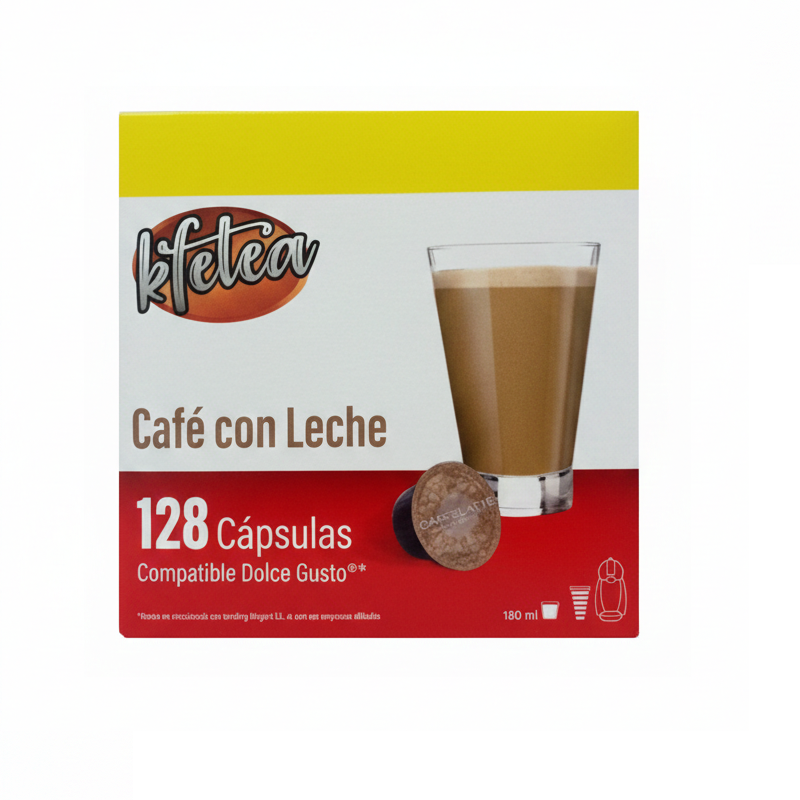 Kfetea - Café con Leche. 128 Capsulas Compatibles Dolce Gusto (Formato 8x16 uds). Extra Sabor y Energía. Alta Calidad