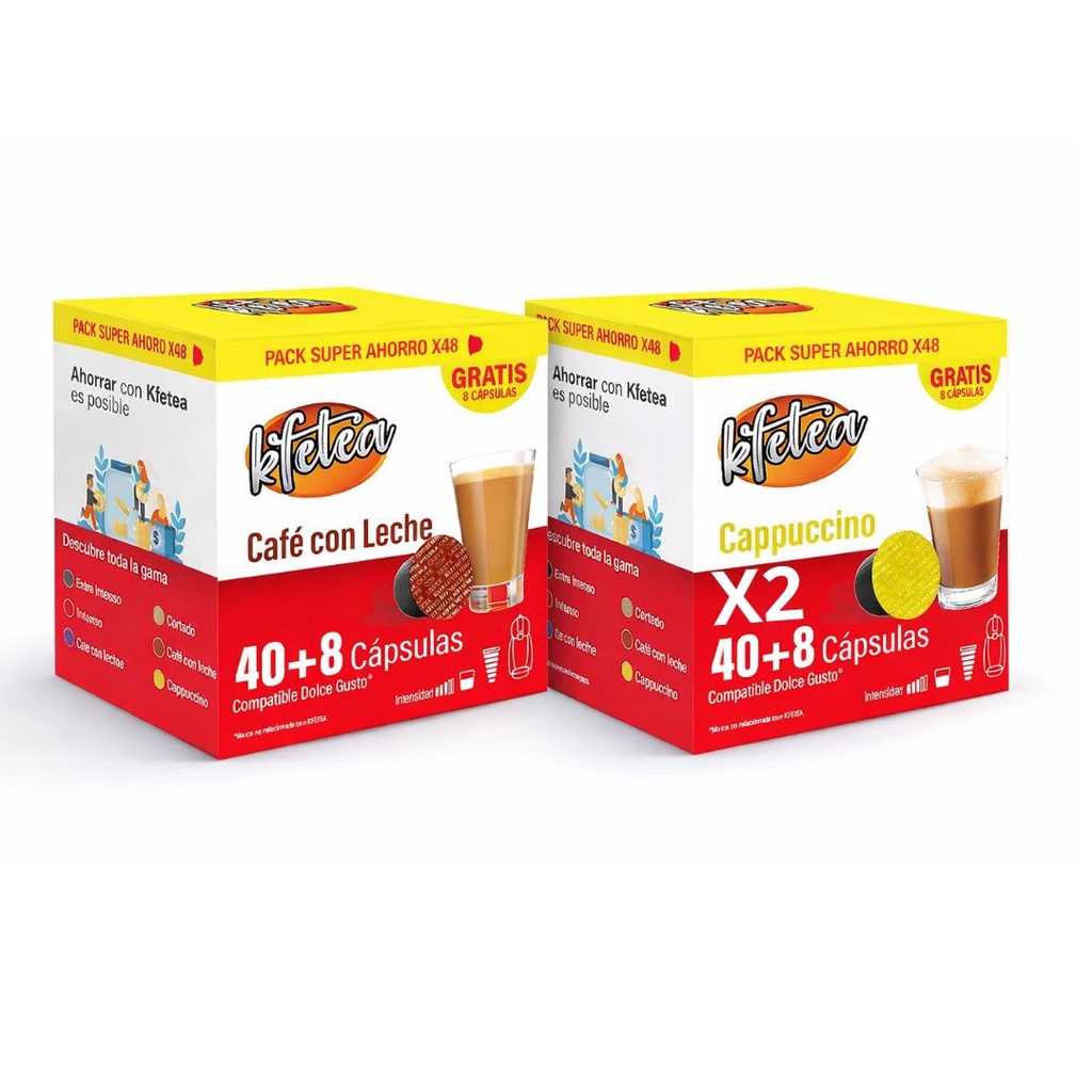 Kfetea - Pack 144 Cápsulas - 96x Cappuccino y 48x Café con Leche Compatibles Dolce Gusto