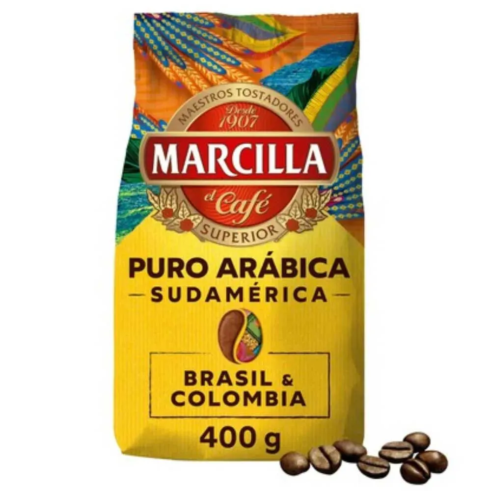 Marcilla Puro Arábica  Sudamérica Brasil y Colombia. Café en grano 400 gr.