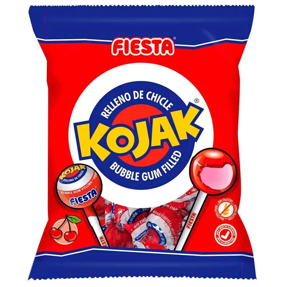 KOJAK CEREZA  Caramelo con palo relleno de chicle , 7 caramelos fiesta