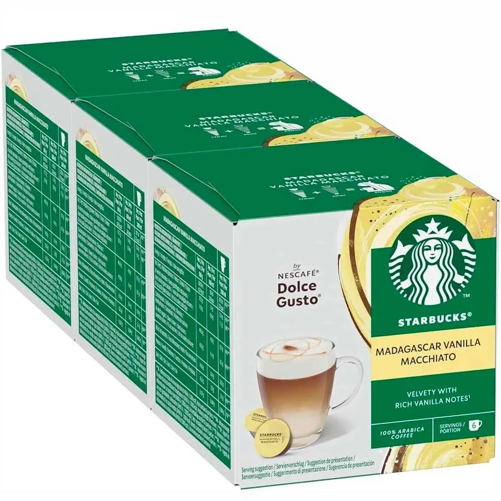 3 cajas de Latte Vainilla Madagascar Starbucks, compatible Dolce Gusto, 12 cápsulas