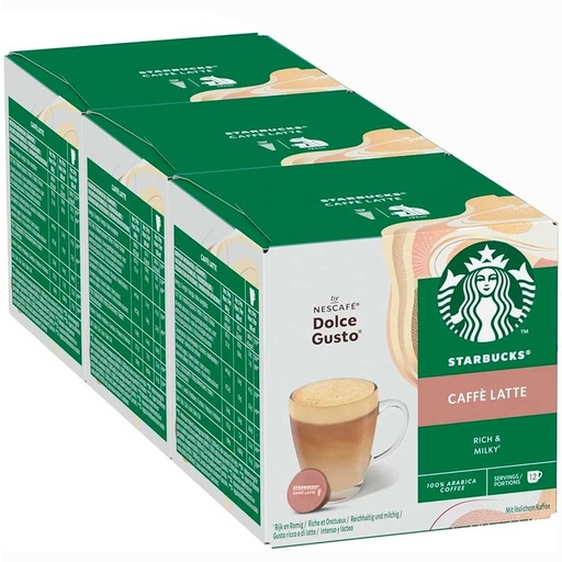 [12607039X3] 3 cajas de Caffè Latte Starbucks Compatible con Dolce Gusto 12 servicios 7613039839980