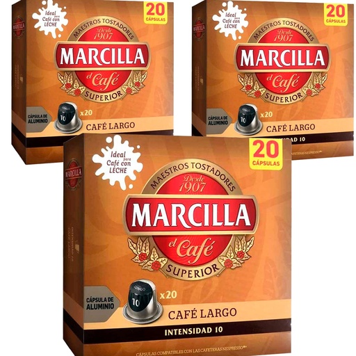 [4060022X3] 3 cajas de Café Largo Marcilla, 20 cápsulas de aluminio compatibles con Nespresso
