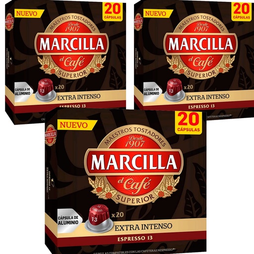 [4070995X3] 3 cajas de Extra Intenso Marcilla, 20 cápsulas de aluminio compatibles con Nespresso