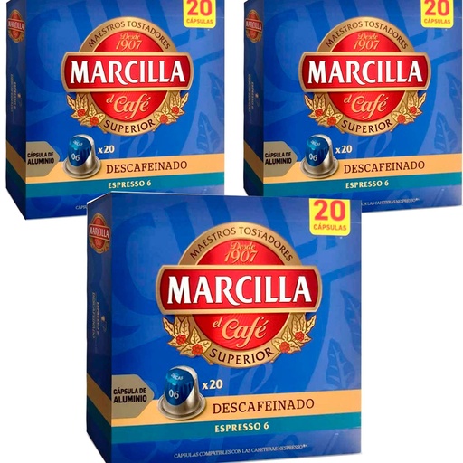 [4060021X3] 3 cajas de Descafeinado Marcilla , 20 cápsulas de aluminio compatibles con Nespresso