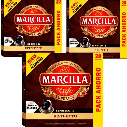 [4057004X3] 3 cajas de Ristretto Marcilla, 20 cápsulas de aluminio compatibles con Nespresso