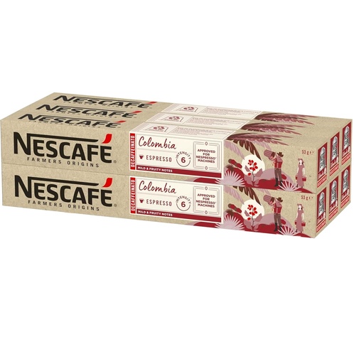 [6621113X6] 6 tubos de Colombia Descafeinado Nescafé 10 cápsulas Nespresso aluminio intensidad 6 7630477880015