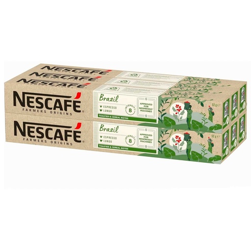 [6621213X6] 6 tubos Brazil Nescafé, 10 cápsulas Nespresso aluminio intensidad 8 Lungo