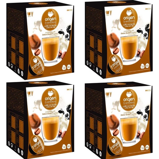 [E1606X4] 4 cajas de Café con leche, 16 cápsulas Origen & Sensations compatibles Dolce Gusto