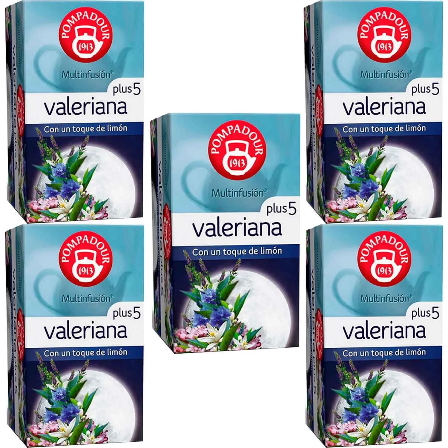 [70142X5] 5 cajas de Valeriana Plus 5 de Pompadour, con sabor a limón 20 bolsitas 8412900401085