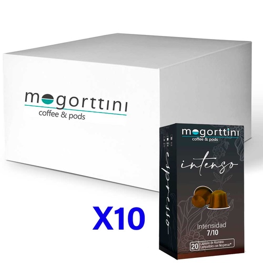 [MOG025X10] Mogorttini - Café Intenso, 200 Cápsulas de Aluminio Compatibles con Nespresso (Formato 10x20 uds). 