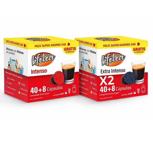 [1011121318652] Kfetea - Pack 144 Cápsulas Café Extra Intenso y Intenso Compatibles Dolce Gusto 40 + 8 cápsulas en cada caja