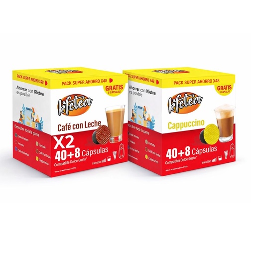 [1011121318669] Kfetea - Pack 144 Cápsulas - 96x Café con Leche y 48x Cappuccino Compatibles Dolce Gusto