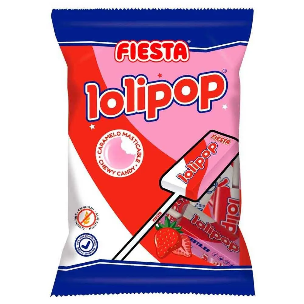 [48923] Lolipop Fresa Fiesta bolsa de 7 Caramelos masticables con palo  Sabor fresa