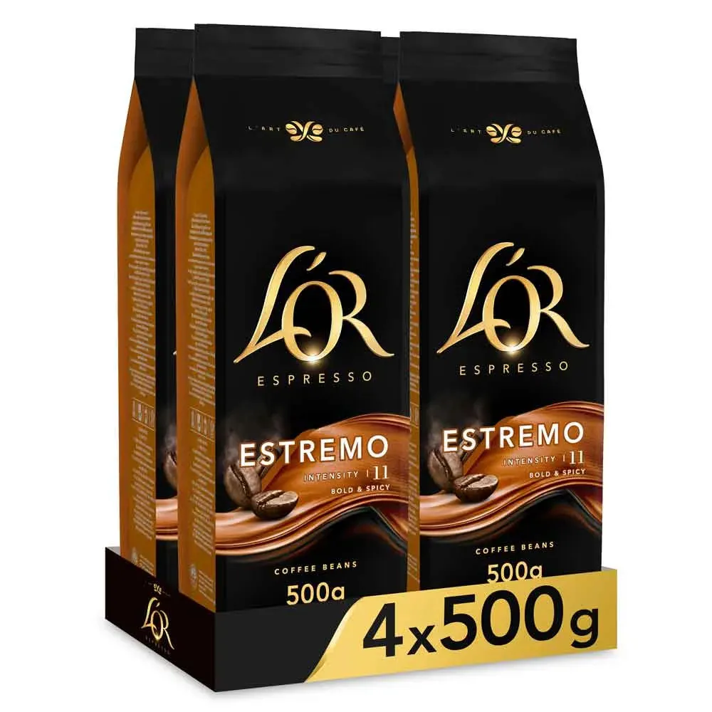 [4057387X4] ESTREMO Espresso 4 paquetes de 500 gr. Café en grano L'or   INTENSIDAD 11